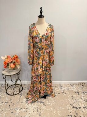 Olia Yellow & Green Multi Floral Long Puff Sleeves Faux Wrap Maxi Dress - Size S